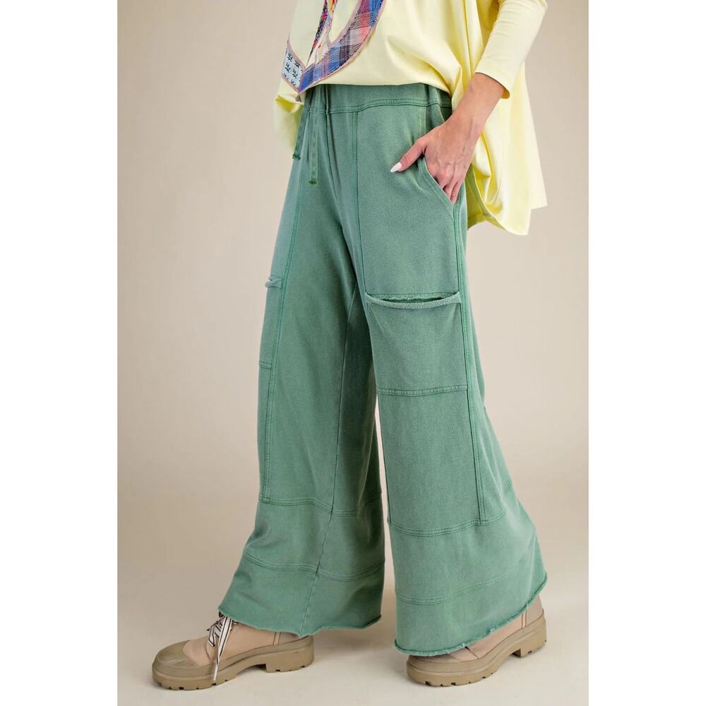 "Elora" French Terry Cargo Wide Leg Pants in Juniper Green - Picture 3 of 4